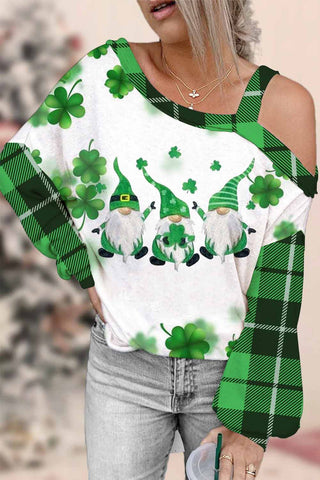 Casual Green Gnomes Lucky Shamrocks Paid Printed Off-shoulder Blouse