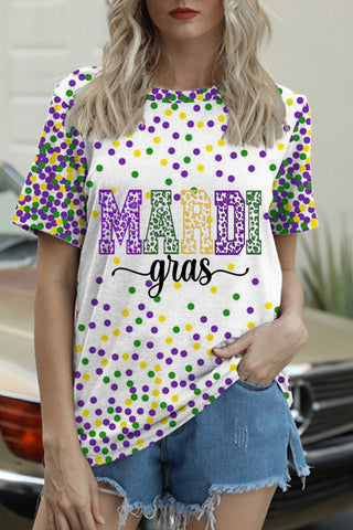 Mardi Gras Polka Colored Dots Round Neck Short Sleeve T-shirt