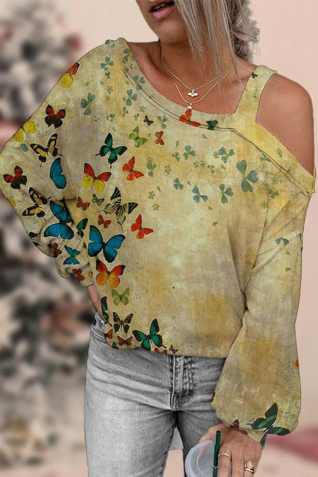 Butterflies Matcha color Off-shoulder Blouse