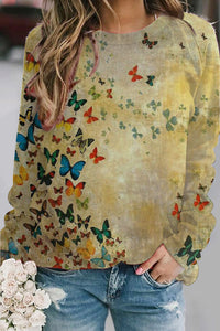 Butterflies Matcha color Round Neck Long Sleeve Sweatshirt