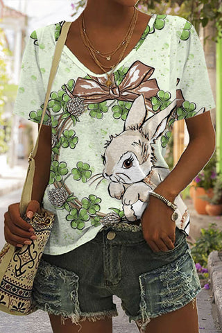 Easter Day Bunny Green Shamrock V Neck Short Sleeve T-shirt