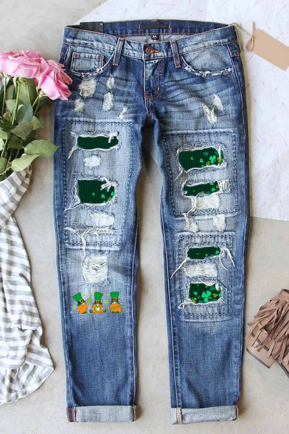 Casual Ireland Leprechauns Lucky Shamrocks Paid Printed Ripped Denim Jeans