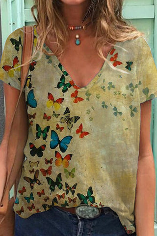 Butterflies Matcha color V-neck Short Sleeve T-shirt