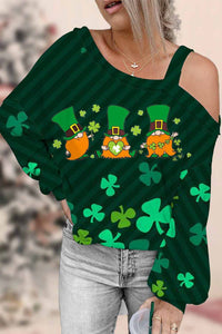 Casual Ireland Leprechauns Lucky Shamrocks Paid Printed Off-shoulder Blouse