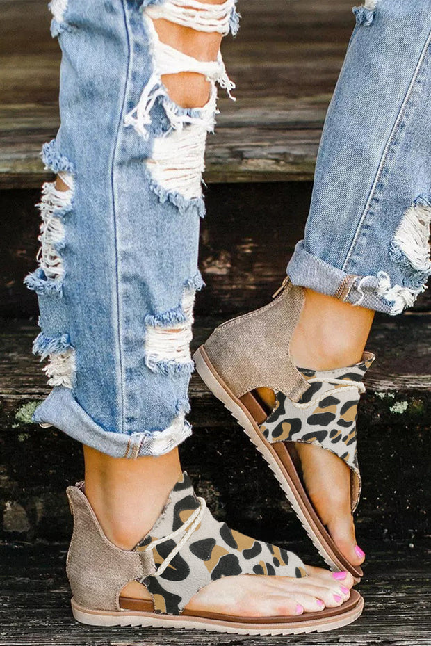 Printed Zipper Flat Sandals