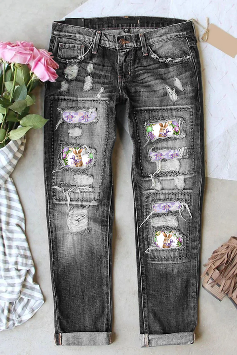 Easter Bunny and Cross Pattern Ripped Denim Jeans