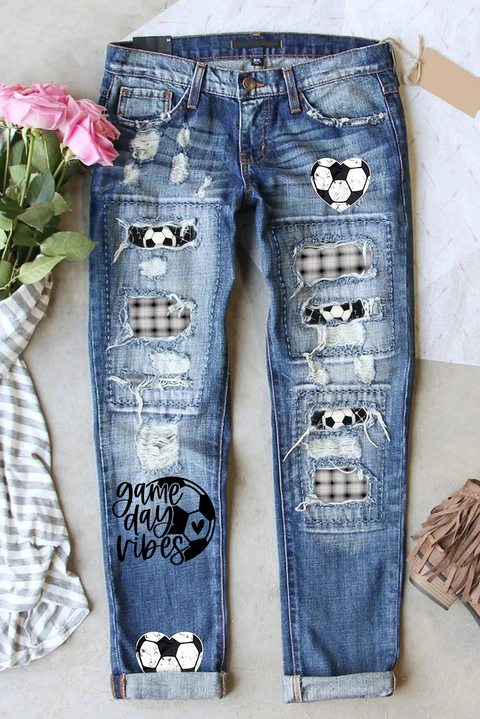 Soccer Ball Game Day Vibes Ripped Denim Jeans