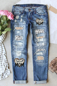 Retro Soccer Mom Tie Dye Check Print Ripped Denim Jeans