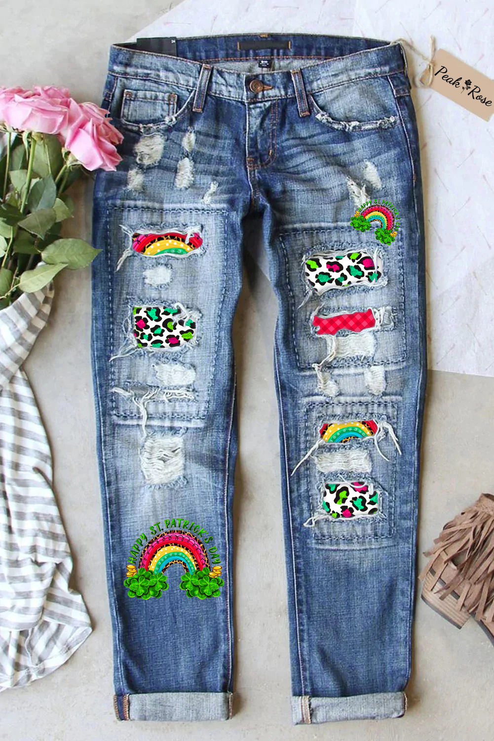 Rainbow and Shamrock Happy St Patricks Day Leopard Pattern Denim Jeans