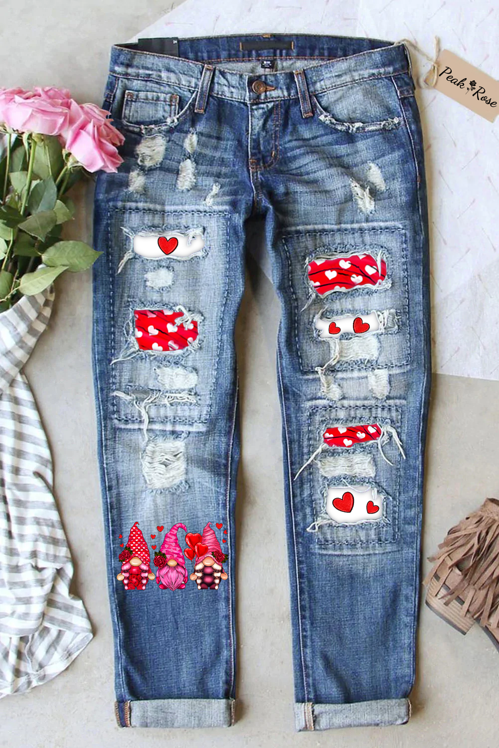 Cute Gnomies Red Rose Leopard Print Denim Jeans