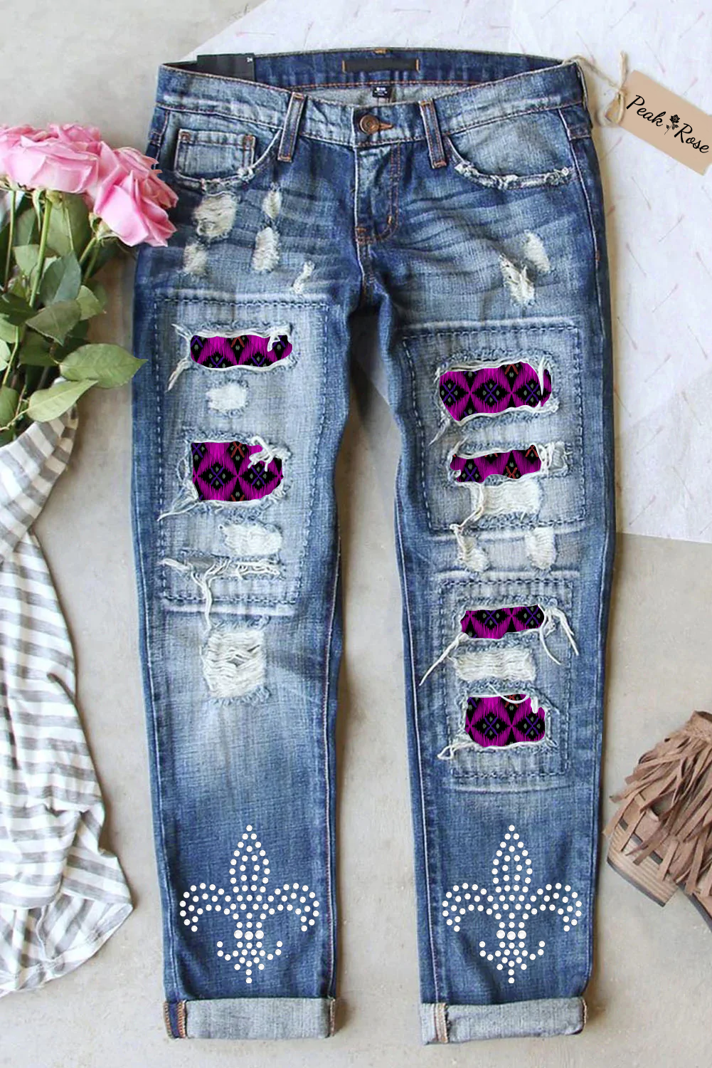 Mardi Gras Crystal Leopard Pattern Denim Jeans