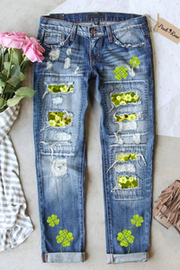 Green Daisy and Shamrock Denim Jeans