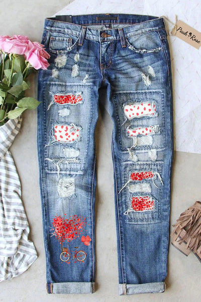 Bicycle Print Ripped Denim Jeans