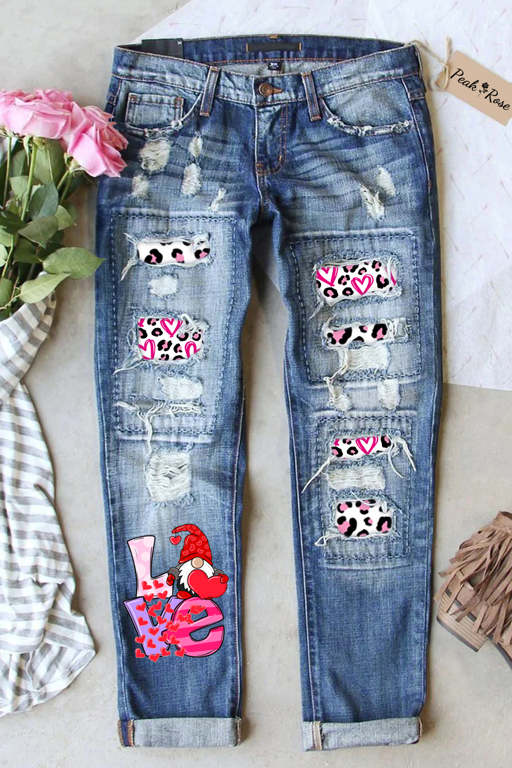 Love Cute Gnomies Leopard Pattern Denim Jeans