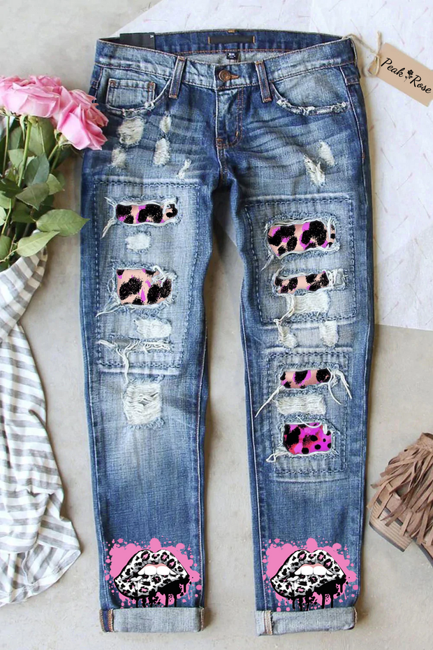 Pink Leopard Print Lips Denim Jeans