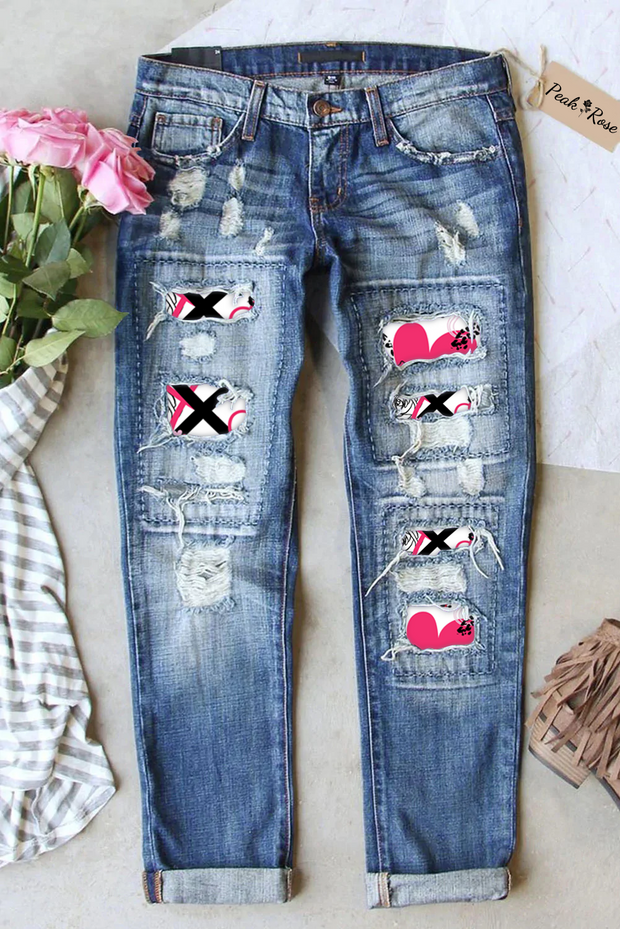 Love Leopard Plaid Graffiti Pattern Denim Jeans