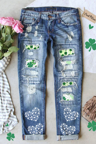 Lucky Shamrock Heart St. Patrick‘s Day Clover Lucky Charm Denim Jeans