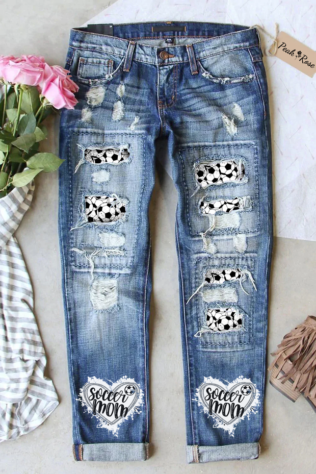 Game Day Soccer Mom Glitter Heart Pattern Ripped Denim Jeans