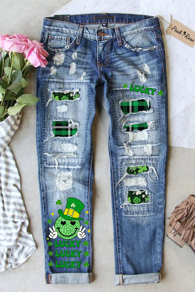 Shamrocks Smiling Face Lucky Happy St Patricks Leopard Glitter Denim Jeans