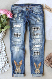 Gentleman Rabbit at Easter Day Print Ripped Denim Jeans