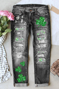 Watercolor Lucky Shamrock Plaid Jeans