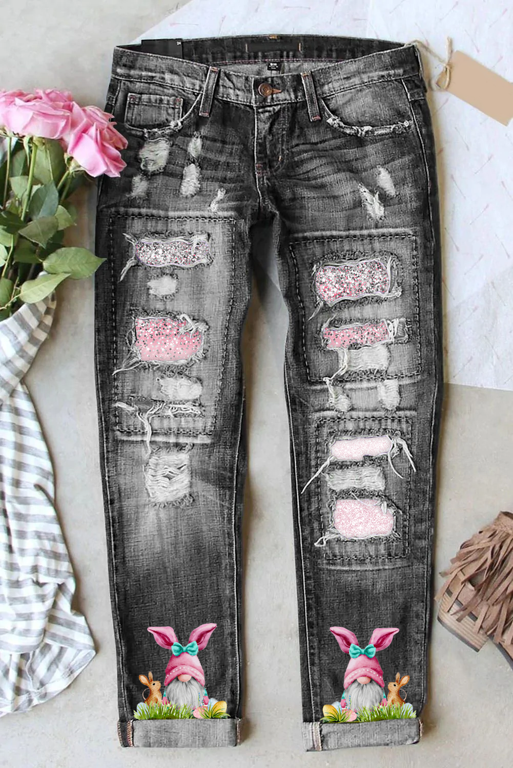 Easter Glitter Pink Rabbit Gnomes and Easter Eggs Ripped Denim Jeans