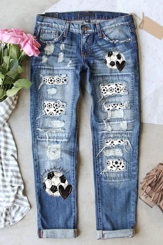 Soccer Day My Heart Is On That Field Printed Ripped Denim Jeans