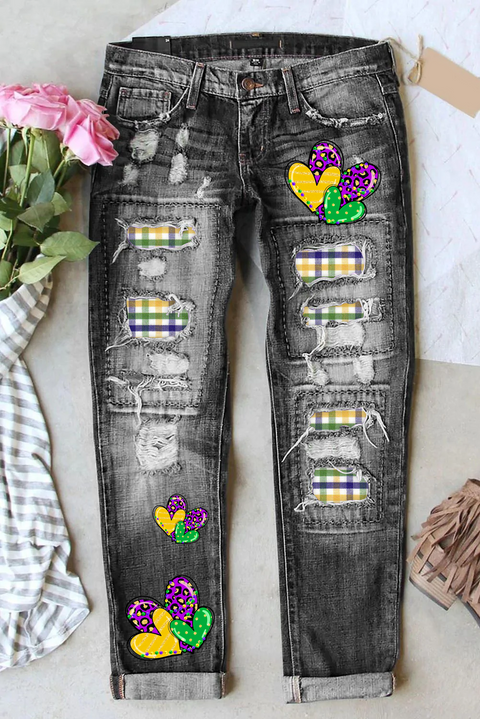 Purple Leopard Plaid Mardi Gras Love Jeans