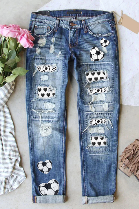 Game Day Retro Love Heart Soccer Print Ripped Denim Jeans