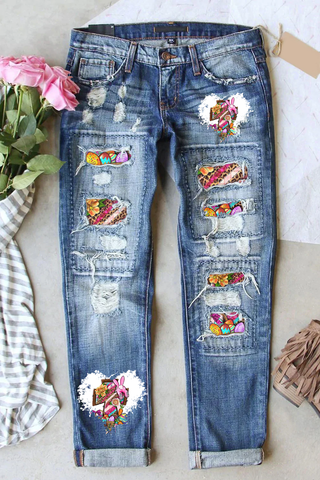 Save His Grace Colorfull Easter Coss Printed Ripped Denim Jeans