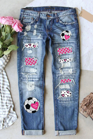 Soccer Mom In Heart Print Ripped Denim Jeans