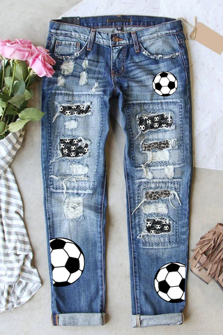 Game Day Soccer Ball And Leopard Printed Ripped Denim Jeans