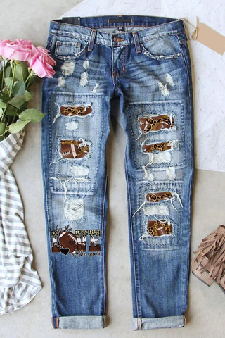 For The Love Of The  Rugby Football Game Printed Ripped Denim Jeans