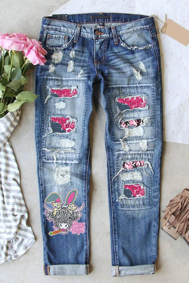 Happy Easter Heifer Denim Print Splicing Ripped Denim Jeans