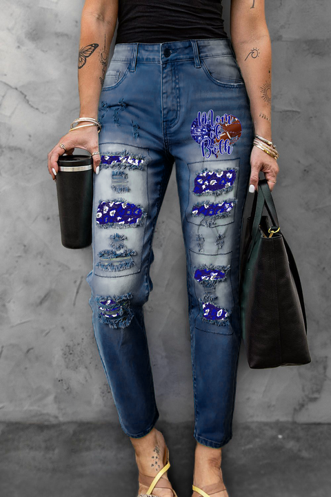 Mom Of Both Theme & Football Pattern Ripped Denim Jeans