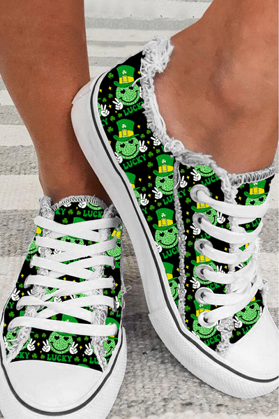 Shamrocks Smiling Face Lucky Happy St Patricks Leopard Glitter Lace Up Canvas Shoes Sneakers