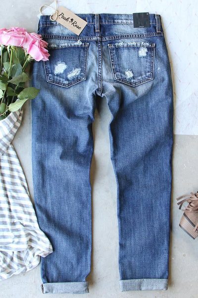 Ripped Denim Jeans Patchwork Coffee Gnome Glitter