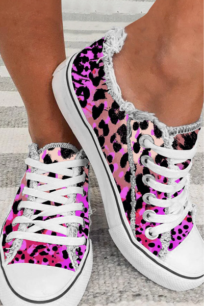 Pink Leopard Print Lips Lace Up Canvas Shoes Sneakers