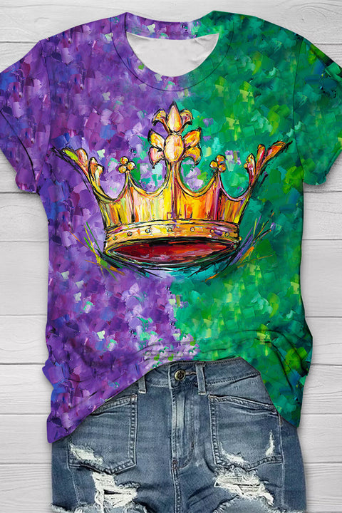 Tricolor Mardi Gras Carnival Fleur De Lis Imperial Crown Round Neck Short Sleeve T-shirt