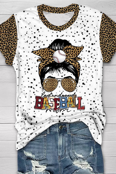 Loud and Proud Baseball Mom Leopard Round Neck Short Sleeve T-shirt