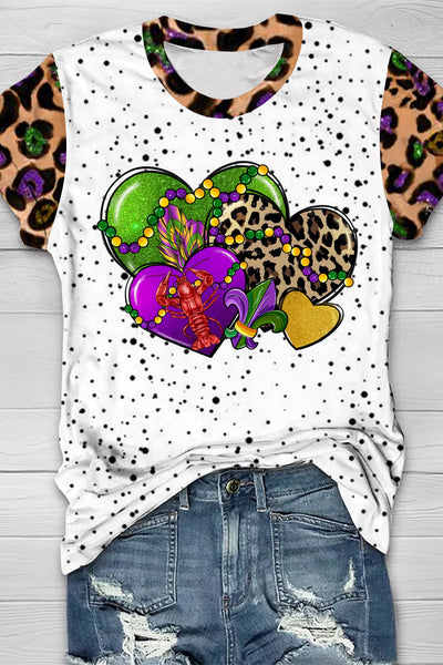 Mardi Gras Western Leopard Love Heart Crawish Round Neck Short Sleeve T-shirt