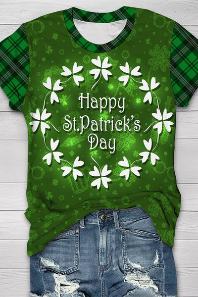 Happy St.Patrick's Day Lucky Wreath Check Panel Short-Sleeved T-Shirt