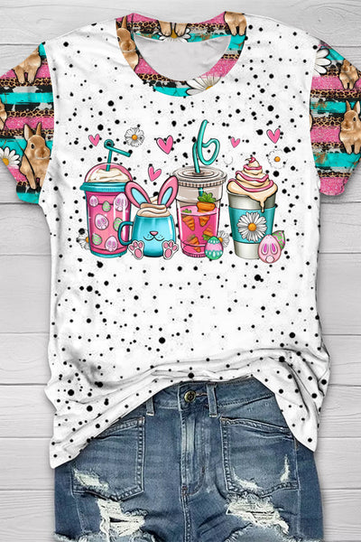 Easter Bunny Coffee Ice Cream Cups With Daisies Western Rhinestone Polka Dots O-neck Short Sleeve T-shirt