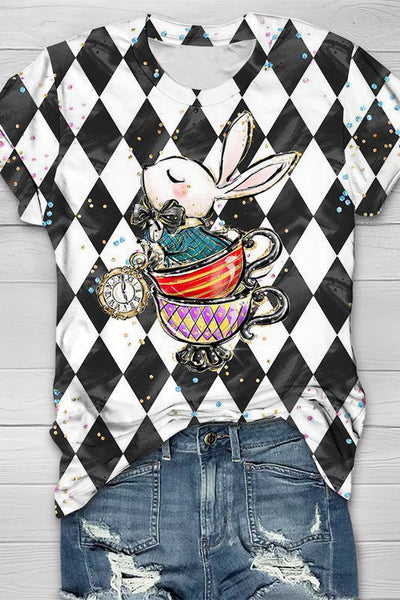 Vintage Black With White Plaid Teacup Bunny And Clock Printed Round Neck Short Sleeve T-shirt