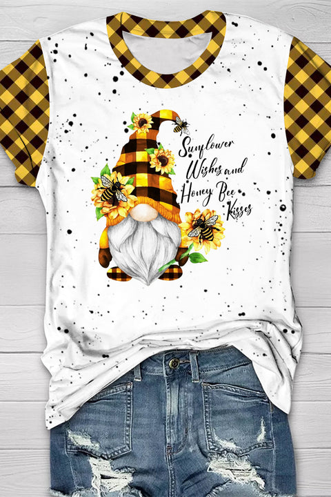 Western Gnome With Bees And Sunflowers Plaid Print T-Shirt