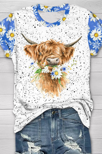 Daisy Floral Highland Cow Spring Print Round Neck T-shirt