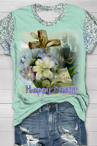 Glitter Happy Easter Easter Cross & Lilies Round Neck T-shirt