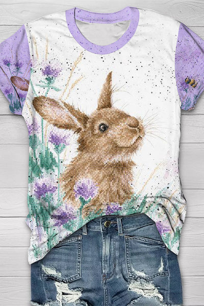 Cute Easter Bunny In The Purple Flowers Printed Round Neck Short Sleeve T-shirt