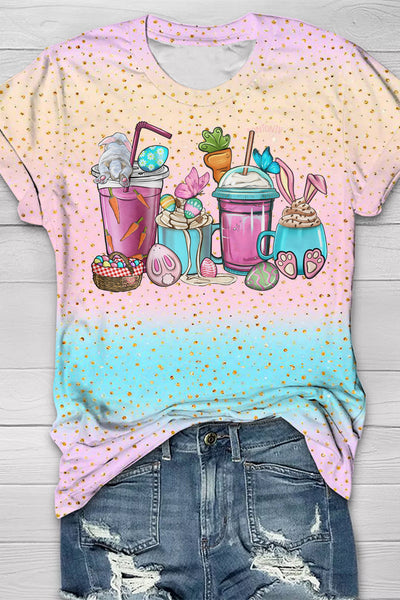 Happy Easter Day Bunnies Cup Pink Blue Round Neck T-shirt
