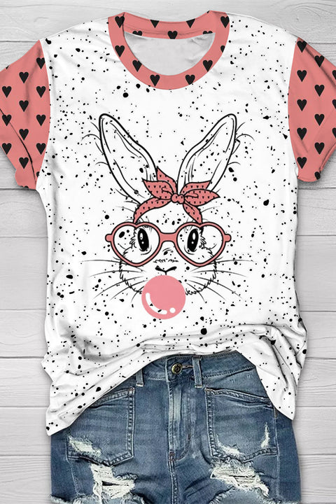 Pink Heart Polka Dots Cute Bunny Rabbit With Bandana Glasses Bubblegum O-neck Short Sleeve T-shirt